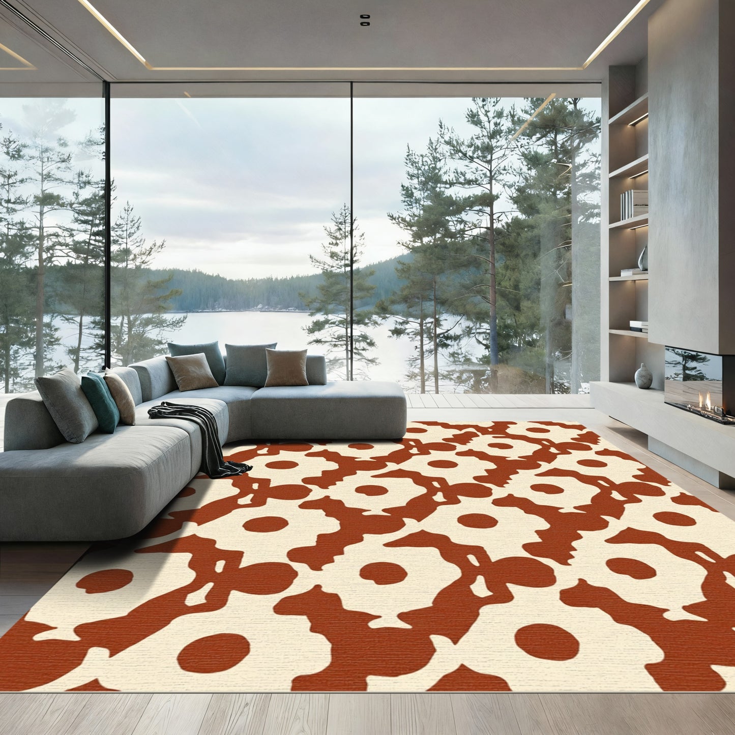 Ochre Cream Abstract Floral Arrangement Rug
