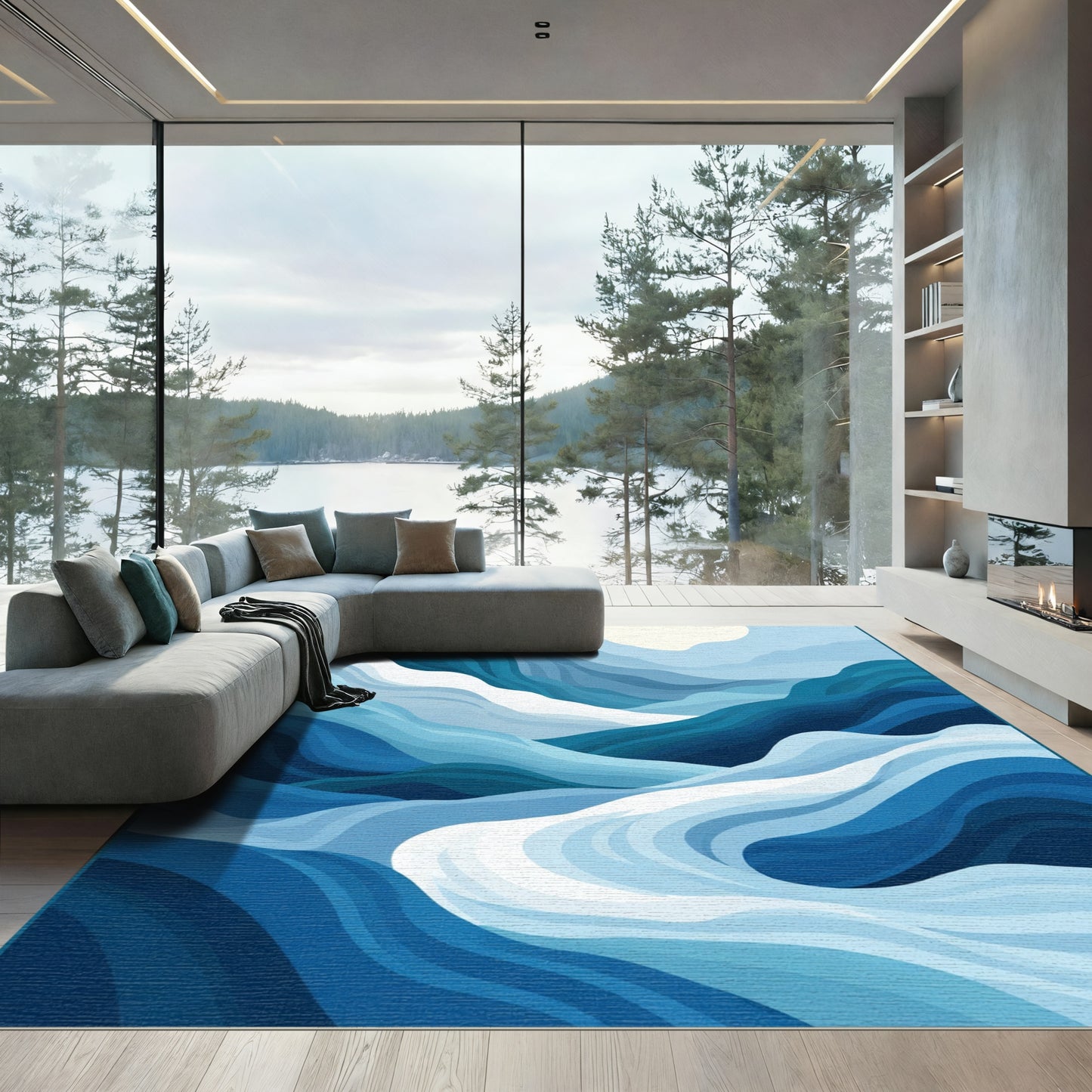 Deep Blue Layered Wave Landscape Rug