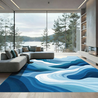 Deep Blue Layered Wave Landscape Rug