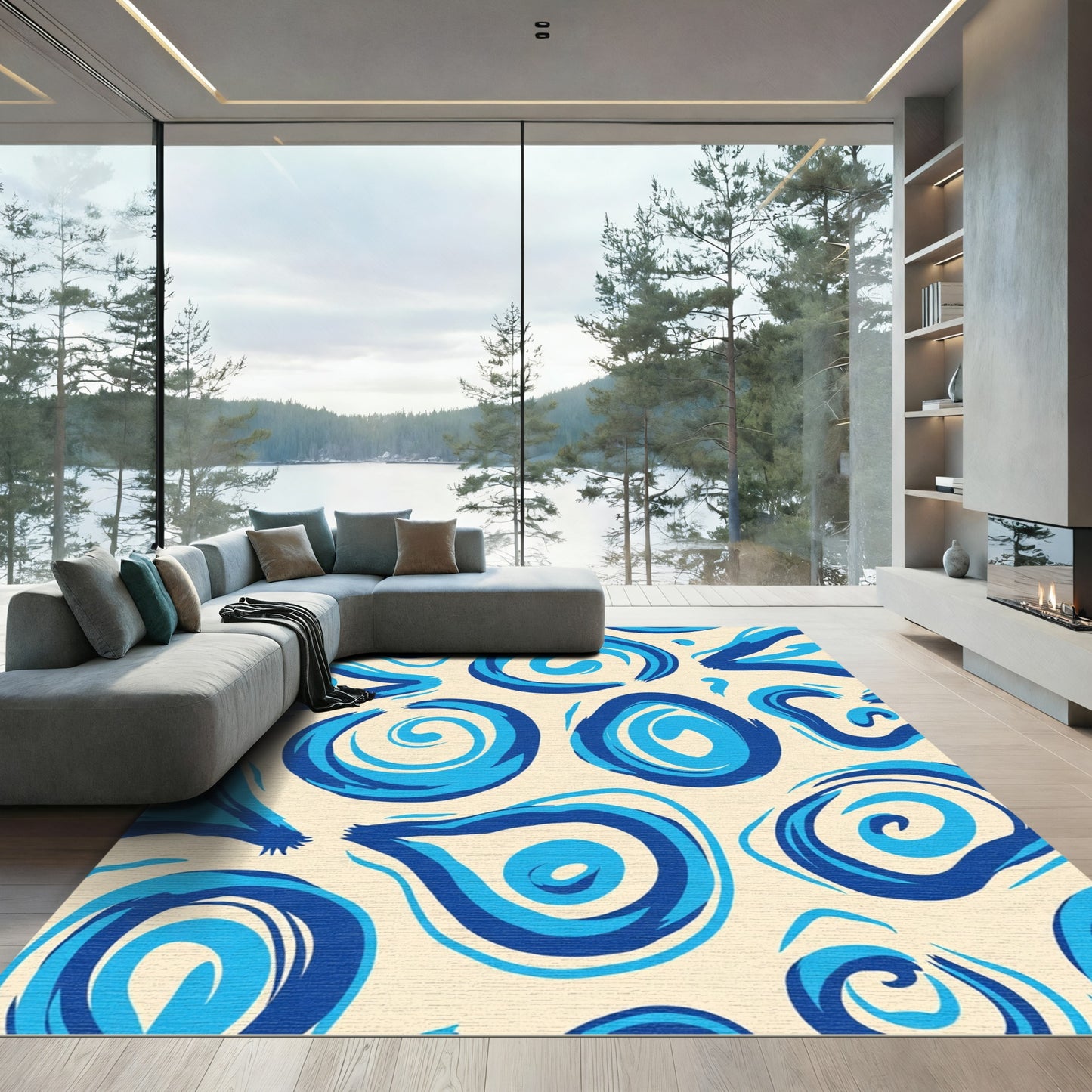 Cerulean Swirl Abstract Brushstrokes Rug