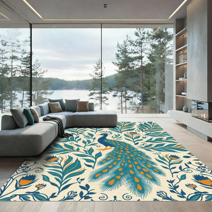 Blue Peacock Teal Orange Floral Artistry Rug