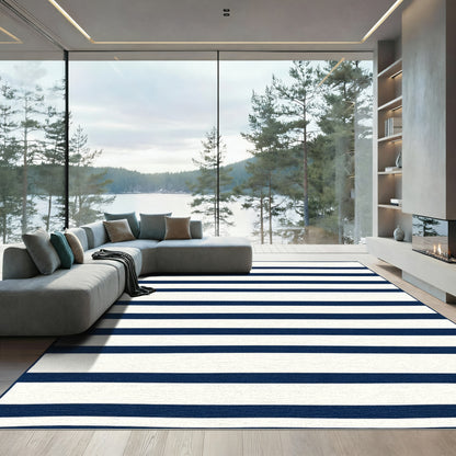 Deep Blue Cream Horizontal Lines Rug