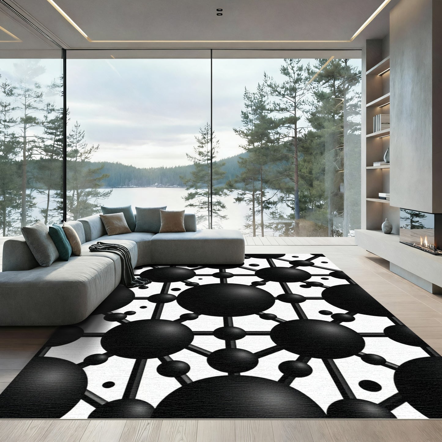Black Molecular Structure Grid Rug