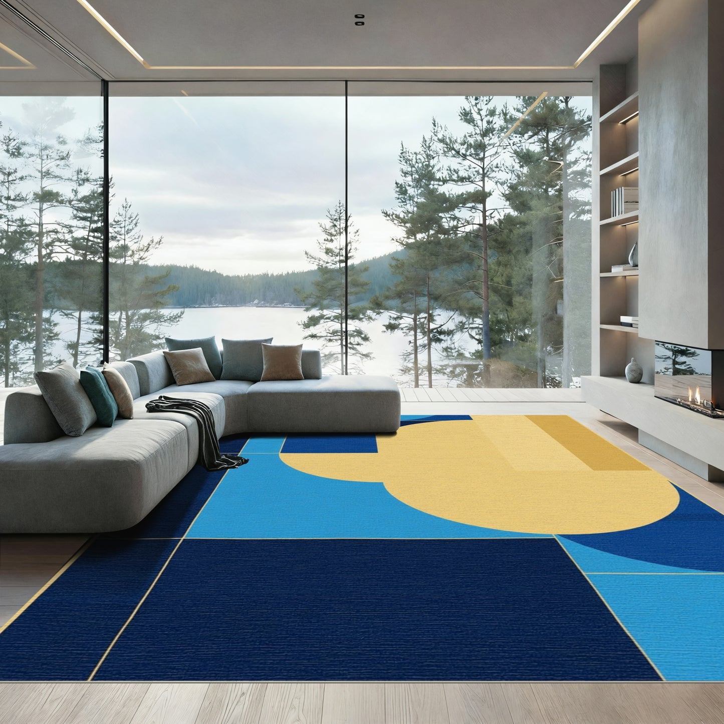 Modern Geometric Blue Yellow Arc Rug