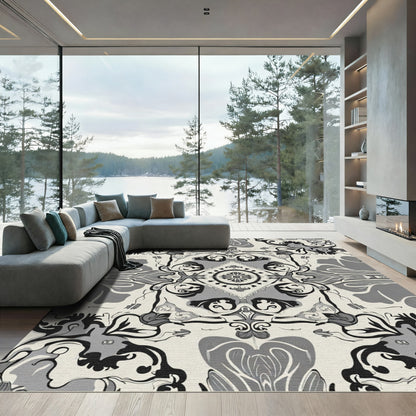 Monochromatic Floral Scroll Mandala Rug