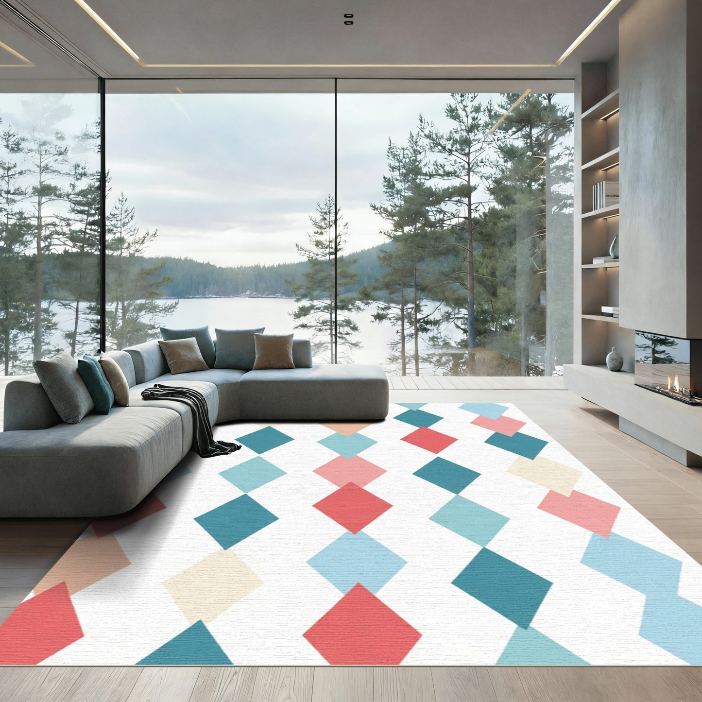 Coral Teal Diamond Stripe Rug