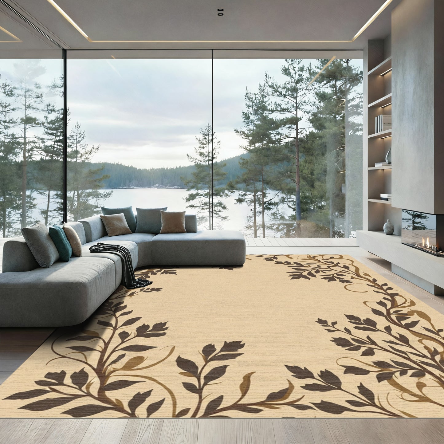 Earthy Tones Ornate Leaf Branches Rug