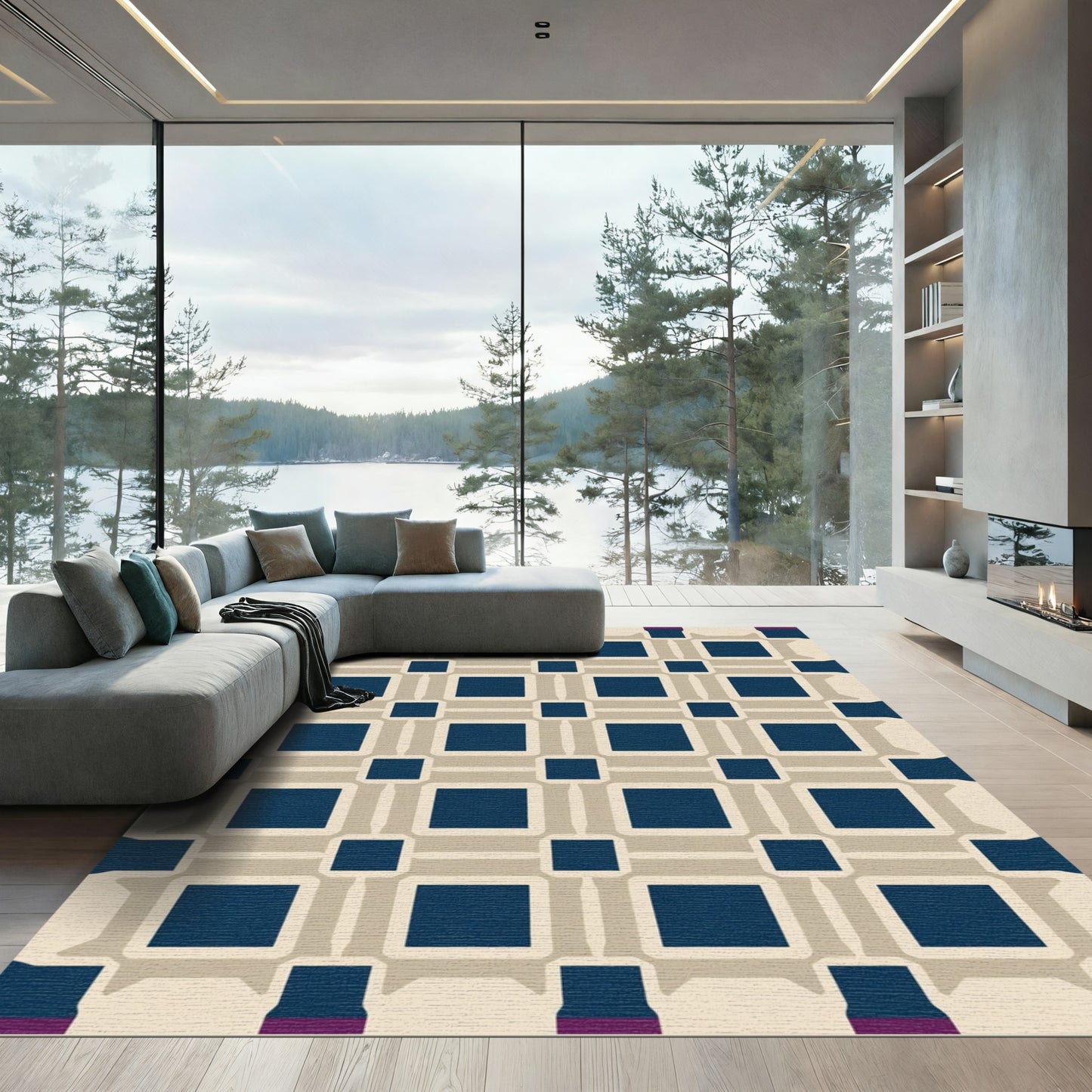 Navy Beige Geometric Interlocking Squares Rug