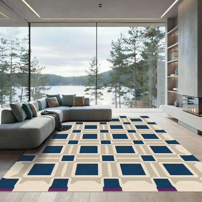 Navy Beige Geometric Interlocking Squares Rug