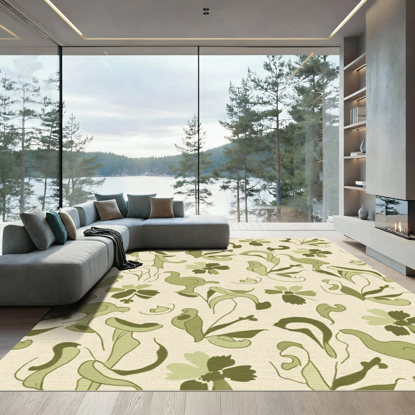 Delicate Sage Swirl Floral Garden Rug