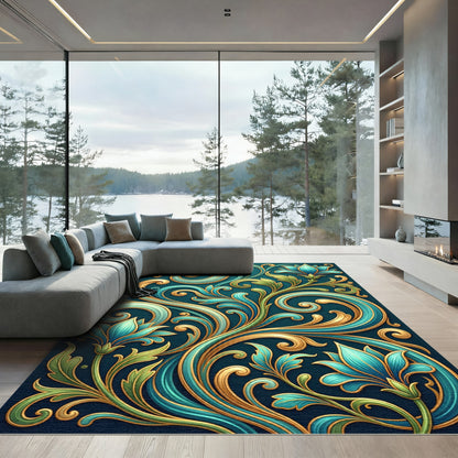 Ornate Teal Gold Floral Vine Rug