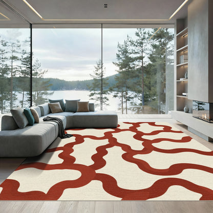 Crimson Wavy Ribbon Overlay Rug