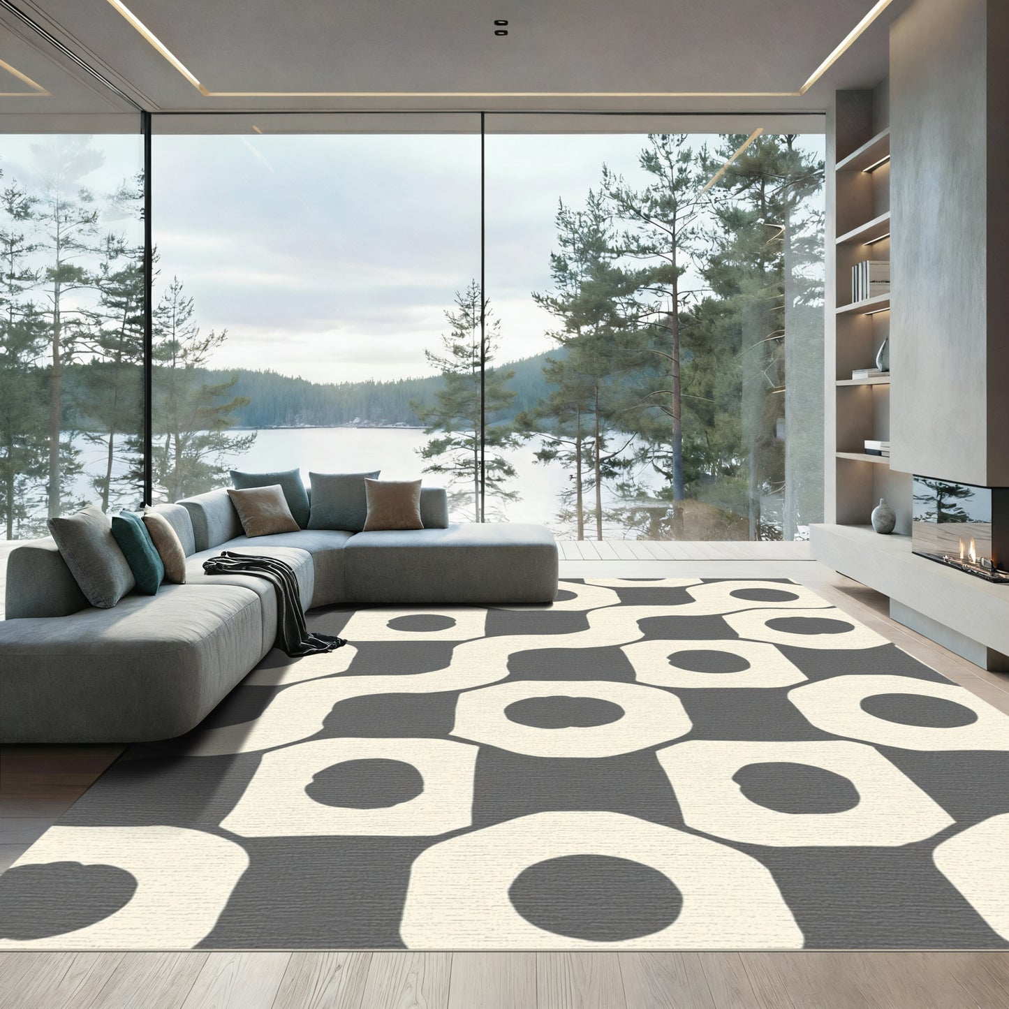 Modern Gray Cream Geometric Maze Rug
