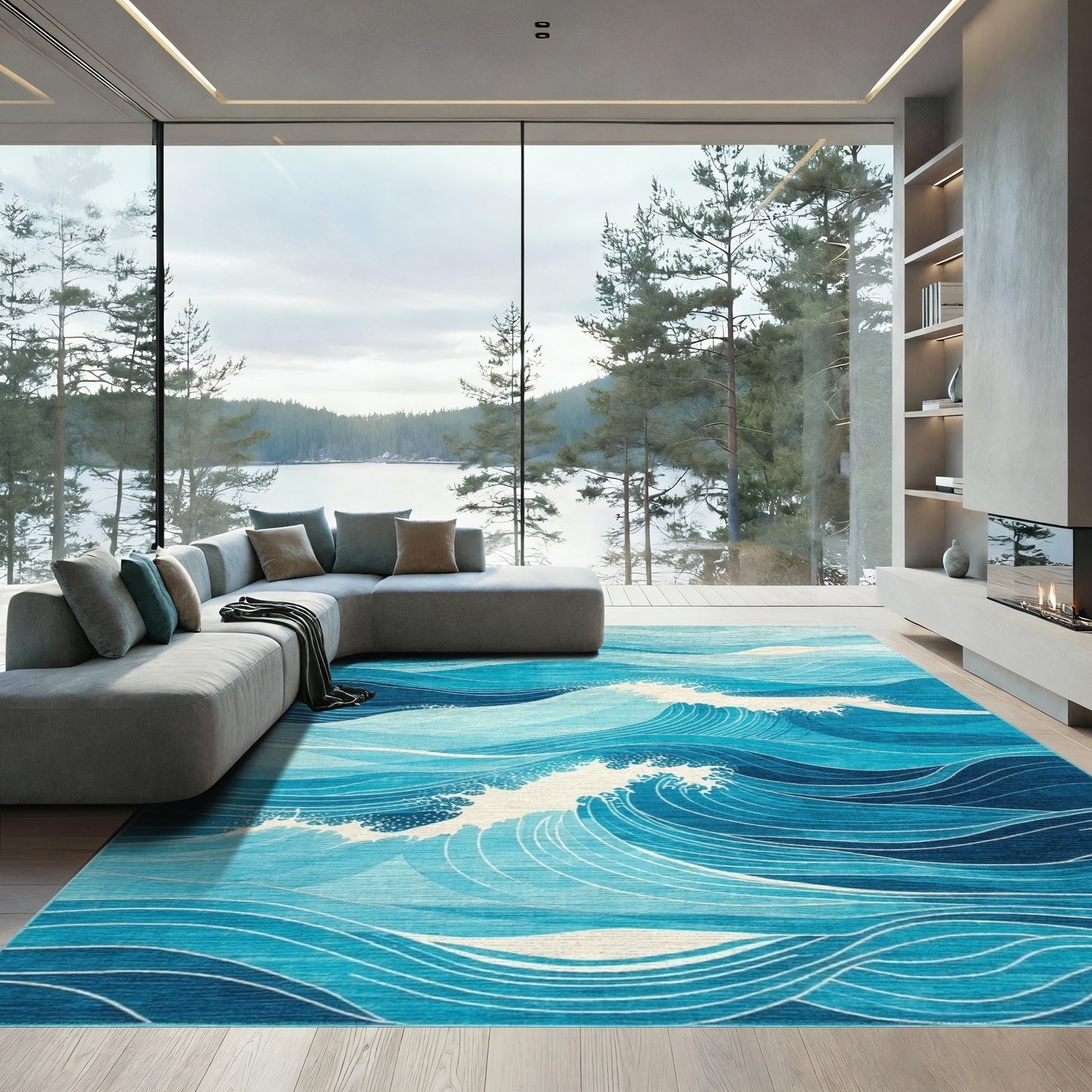 Teal Layered Wave Rug