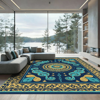 Deep Teal Yellow Mandala Border Rug