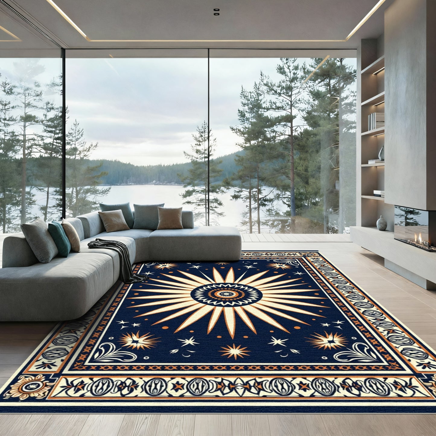 Navy Orange Celestial Sunburst Rug