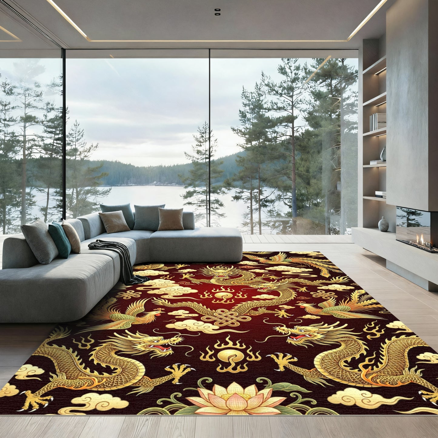 Golden Dragons Phoenix Crimson Clouds Rug