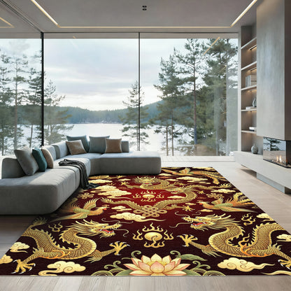 Golden Dragons Phoenix Crimson Clouds Rug