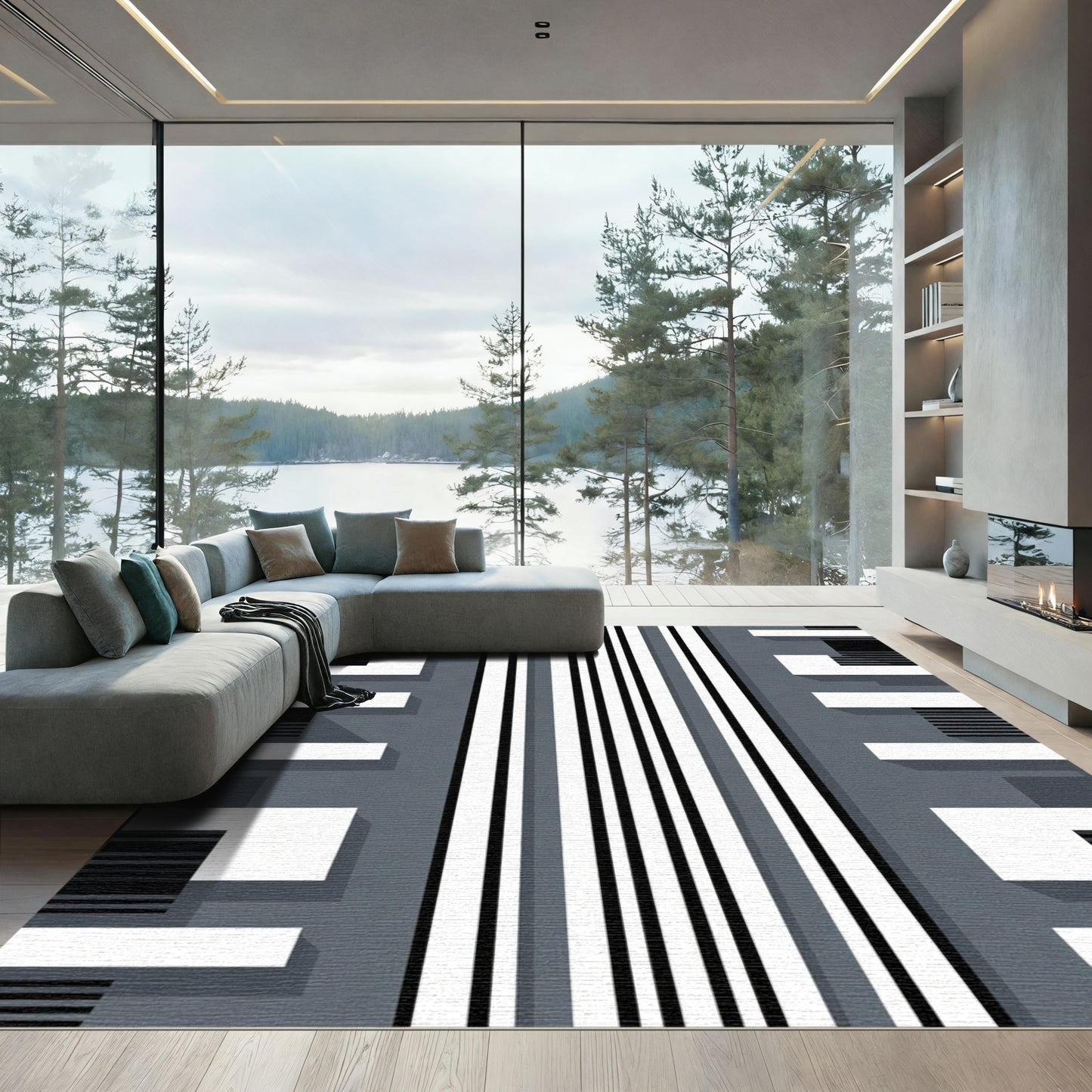 Modern Gray White Stripe Geometric Rug