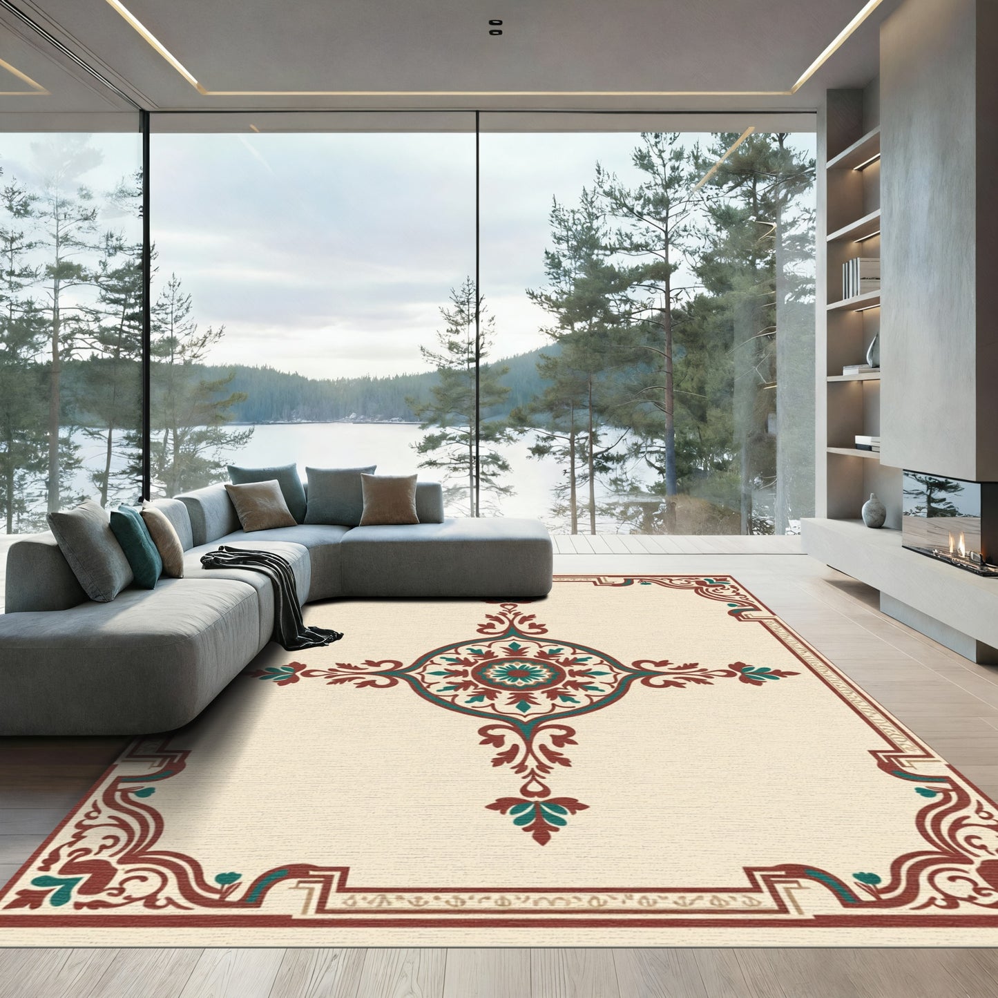 Crimson Teal Floral Medallion Frame Rug