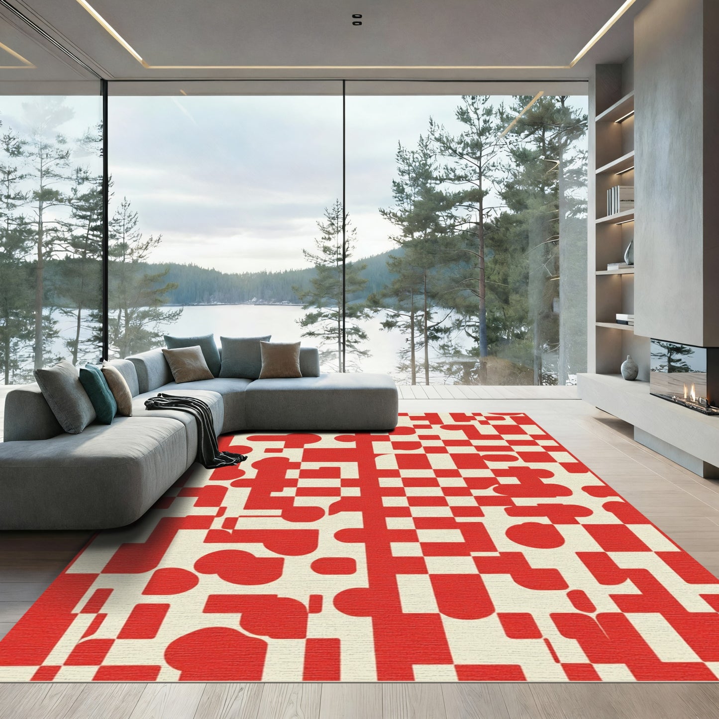 Red Cream Abstract Block Composition Rug