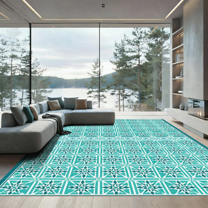 Teal White Geometric Starburst Tile Rug