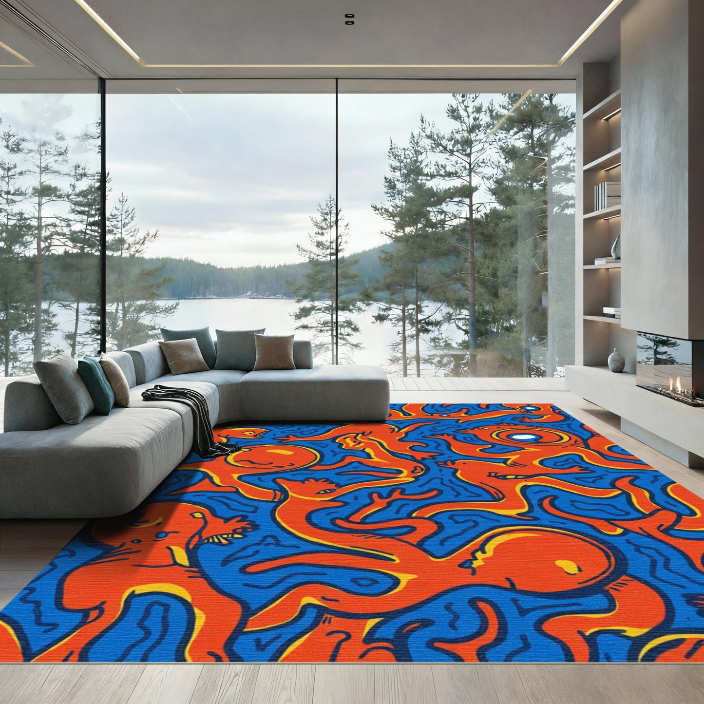 Whimsical Red Figures Blue Background Rug