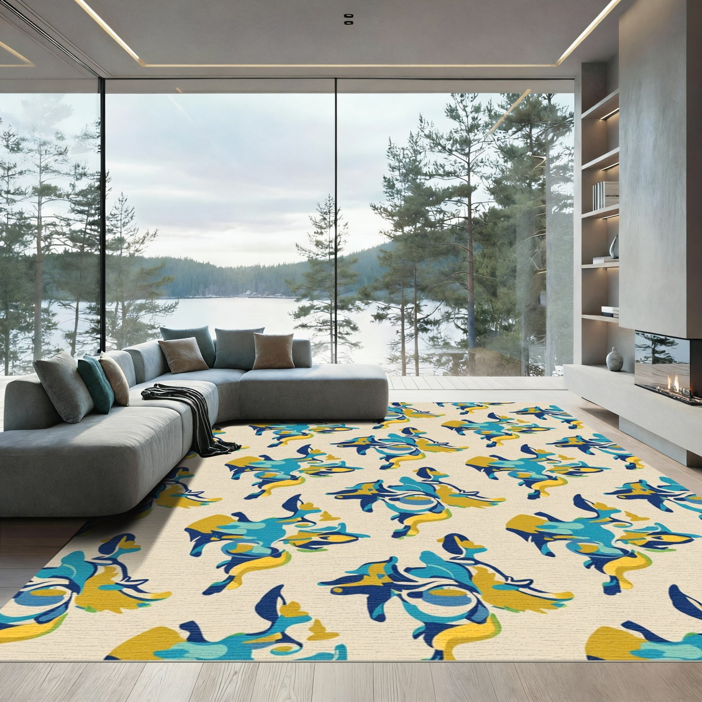 Abstract Blue Gold Figure Repeating Pattern Rug
