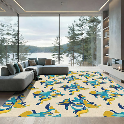 Abstract Blue Gold Figure Repeating Pattern Rug