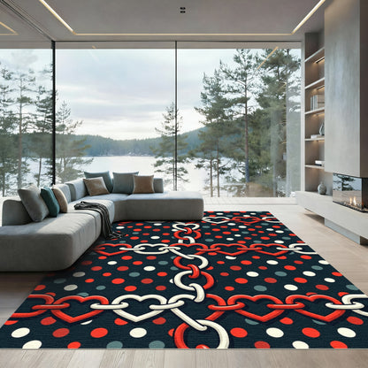 Red White Heart Chain Polka Dot Rug