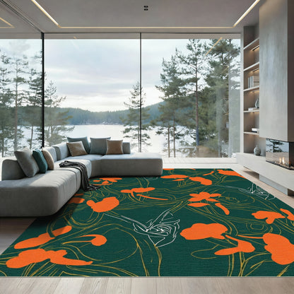 Dark Green Orange Floral Vine Artistry Rug