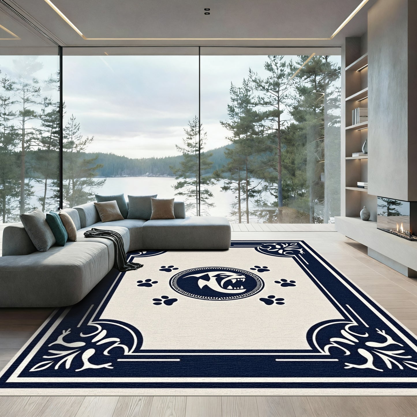 Bold Navy Bulldog Paw Print Medallion Rug