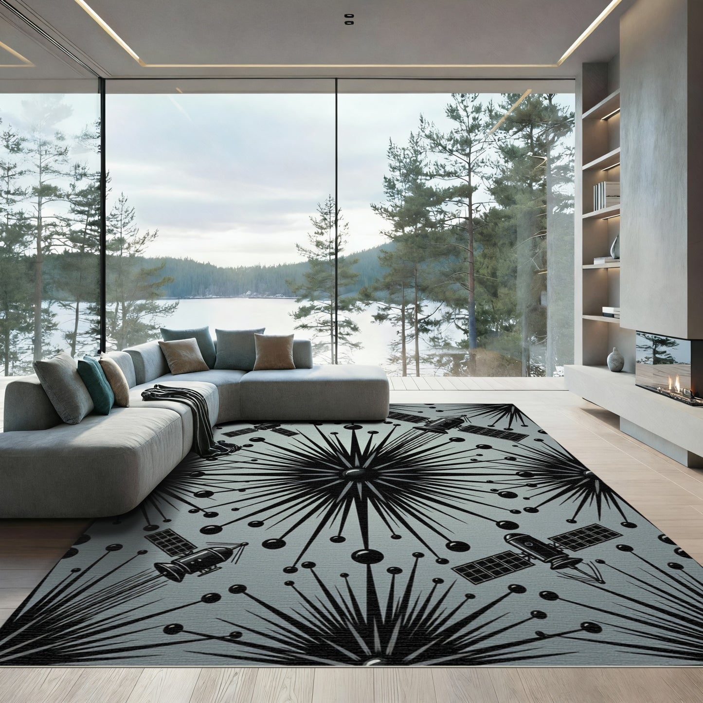 Retro Space Satellite Starburst Rug
