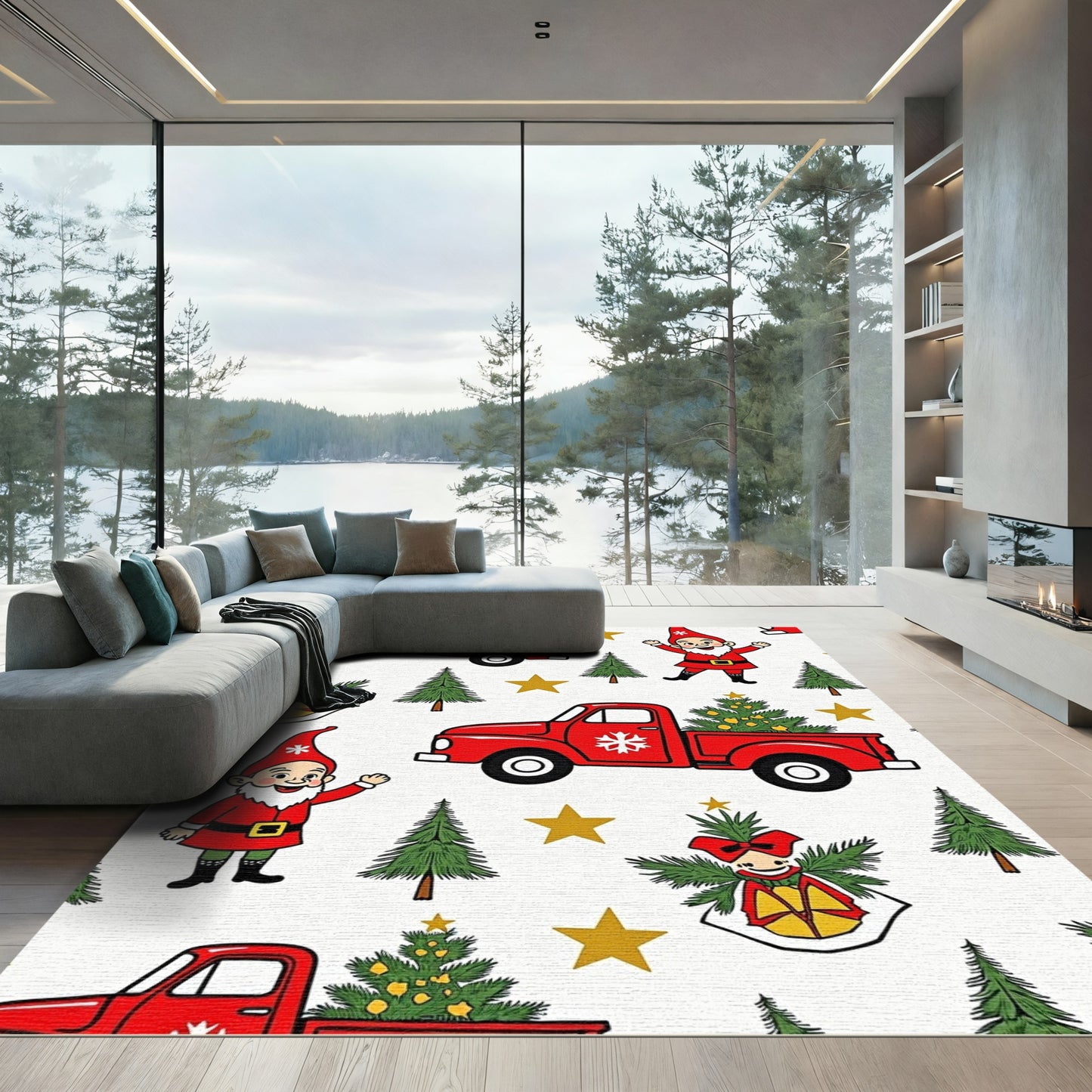 Red Truck Christmas Gnome Stars Rug
