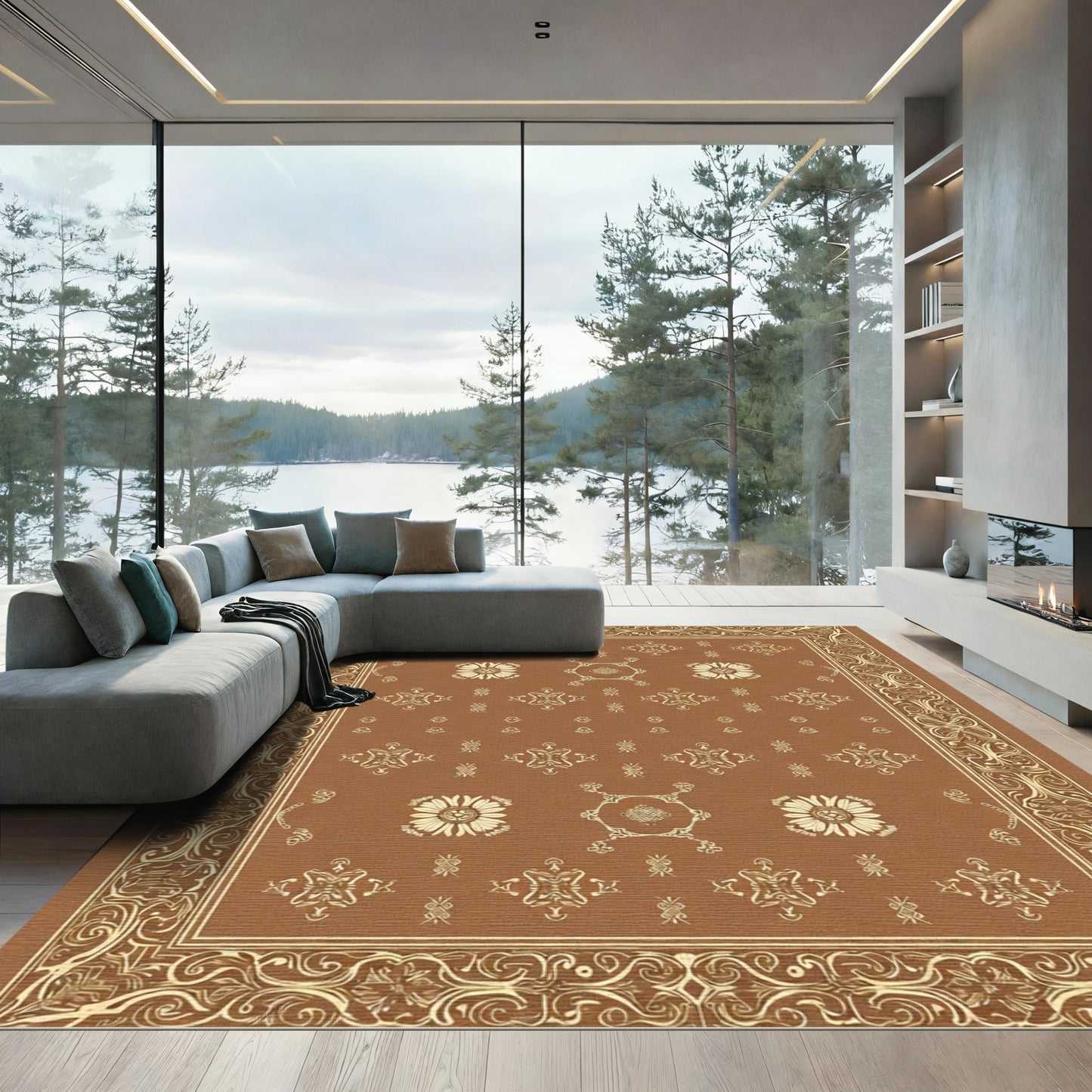 Antique Tan Floral Medallion Border Rug