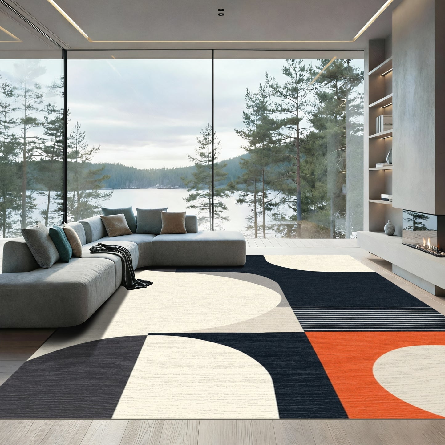 Abstract Cream Navy Orange Geometric Shapes Rug