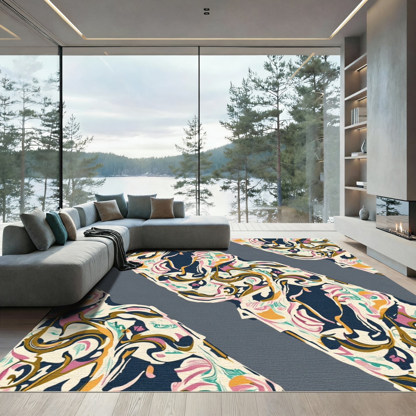 Abstract Swirls Cream and Navy Rug