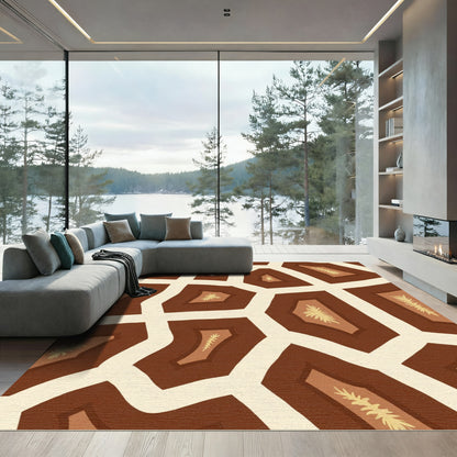 Brown and Cream Abstract Leafy Geo Rug