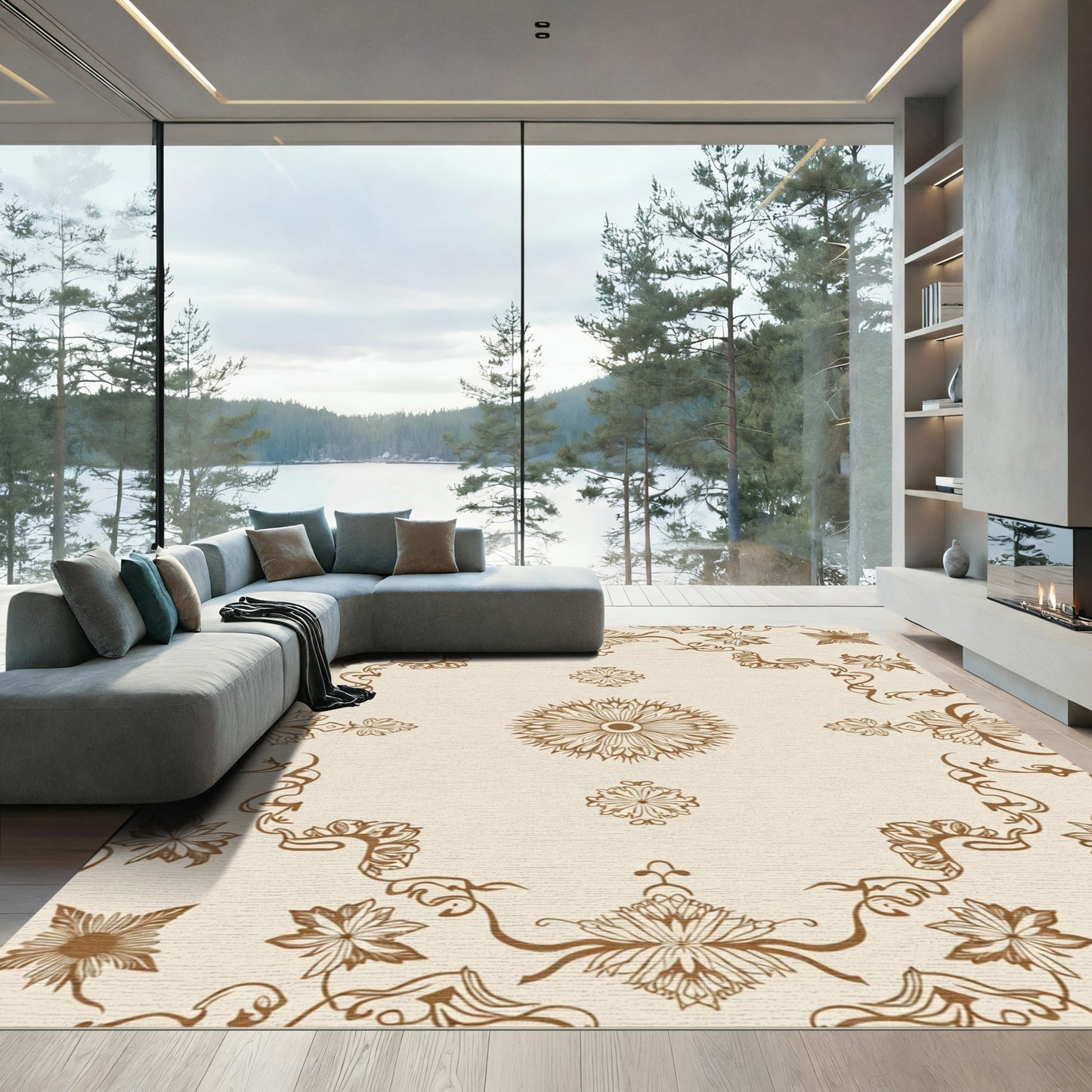Brown Floral Medallion Border Arrangement Rug