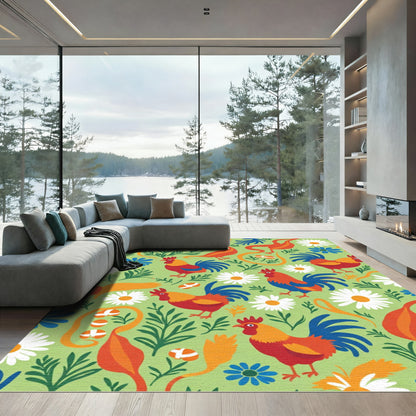 Whimsical Rooster Floral Meadow Rug