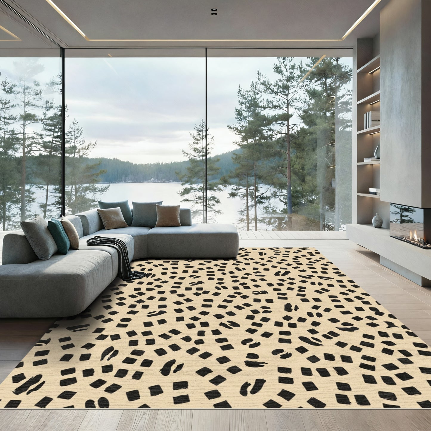 Abstract Black Square Brushstrokes Rug