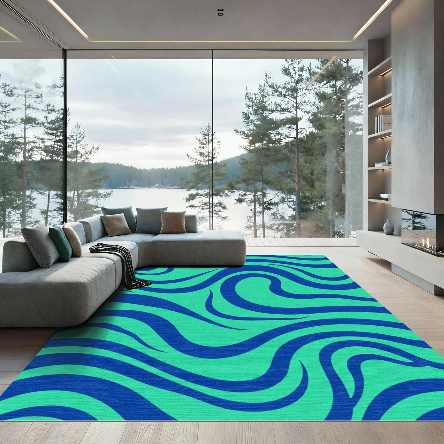 Aqua Blue Swirling Waves Rug