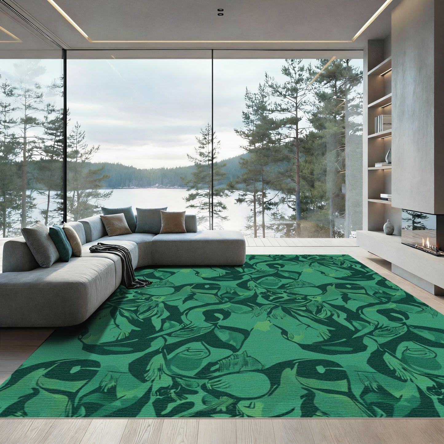 Deep Emerald Abstract Foliage Pattern Rug