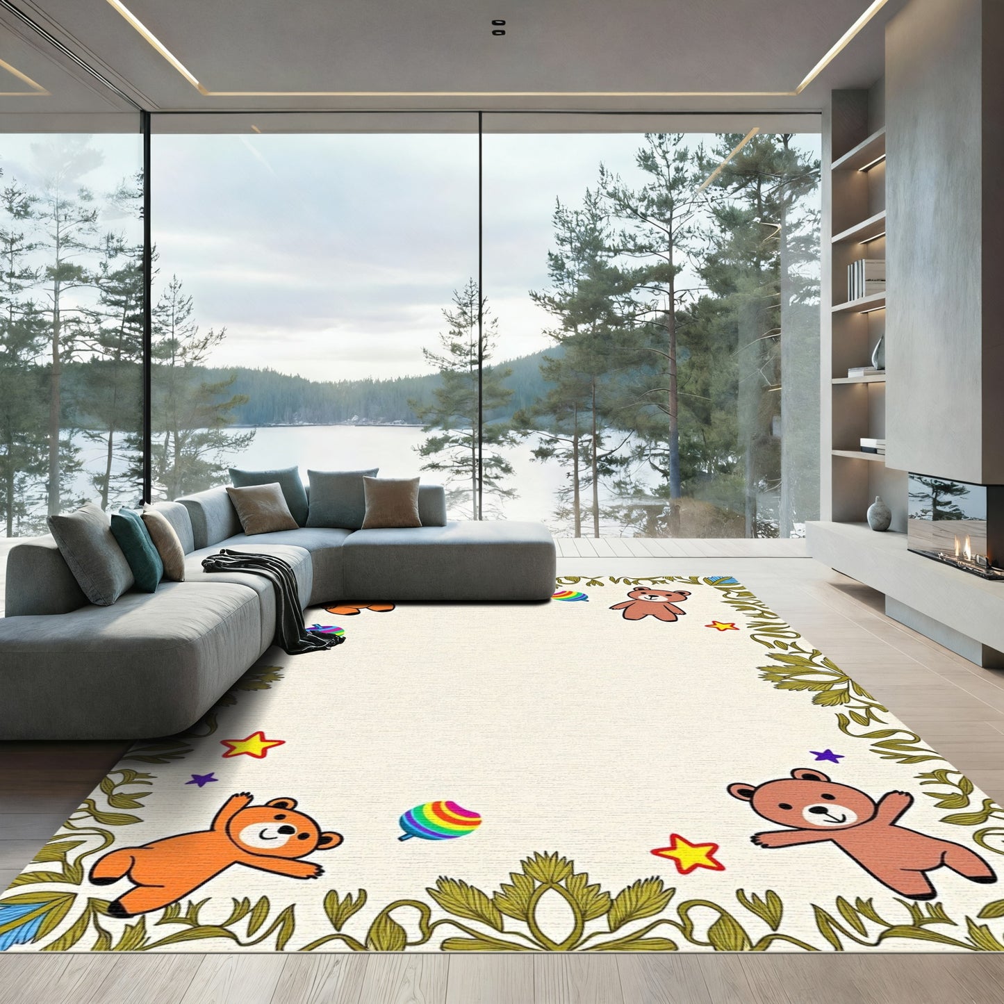 Whimsical Orange Brown Bear Whirligig Rug