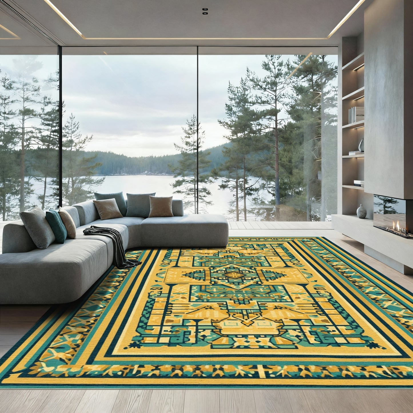 Ornate Yellow Teal Geometric Border Rug