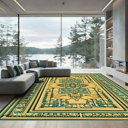 Ornate Yellow Teal Geometric Border Rug