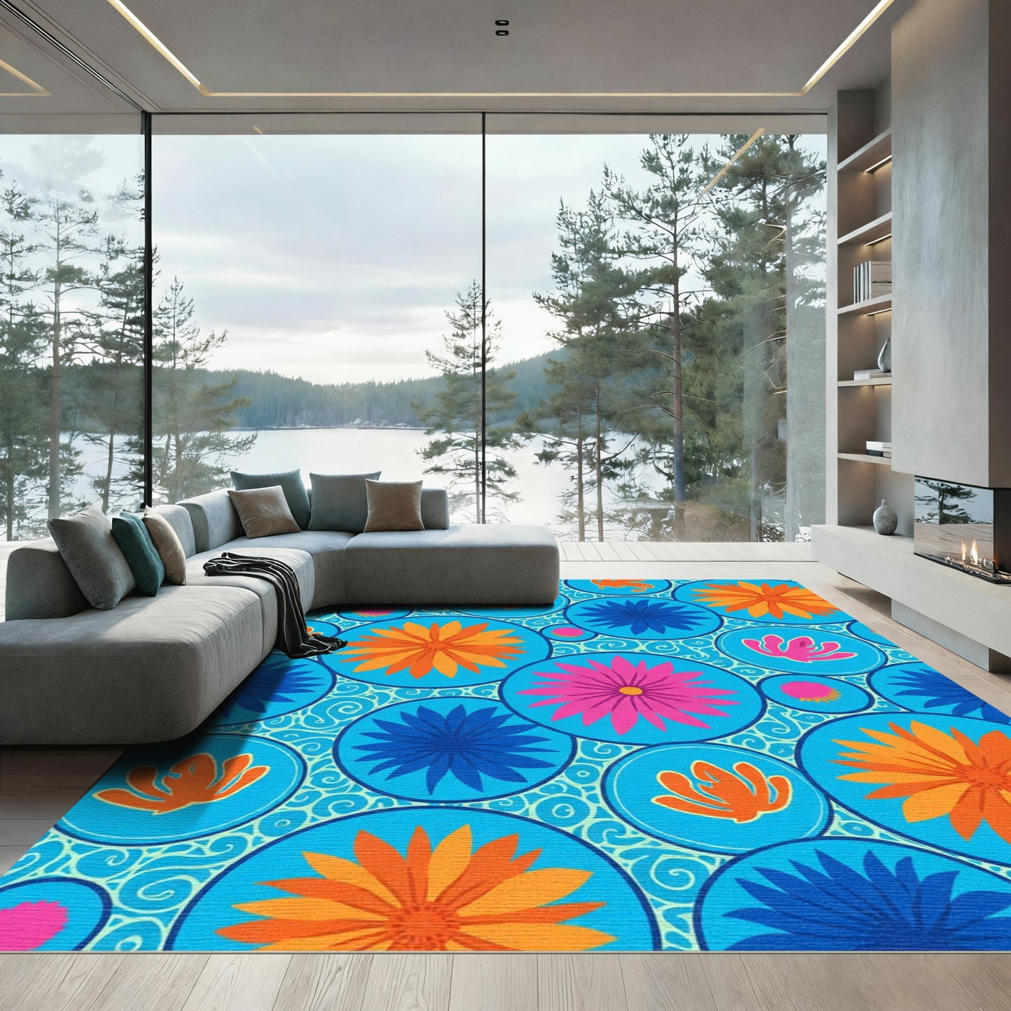 Vibrant Blue Floral Round Mosaic Rug