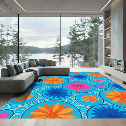 Vibrant Blue Floral Round Mosaic Rug