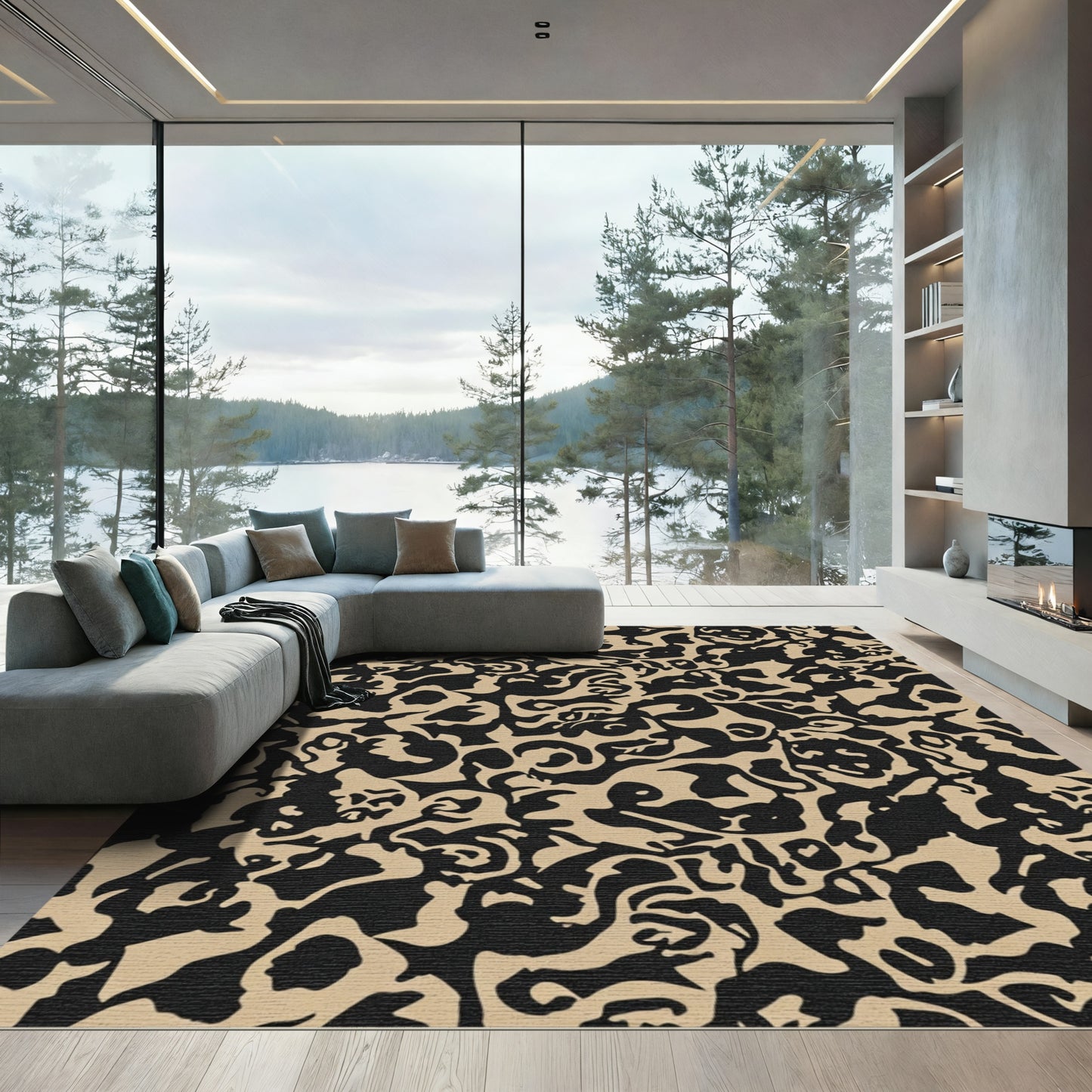 Black Tan Abstract Organic Flow Rug