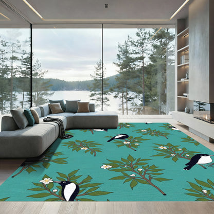 Teal Black White Bird Branch Floral Rug